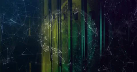 Faint mesh orb with land map hovering over green-yellow light bands with nodes Illustrazione stock