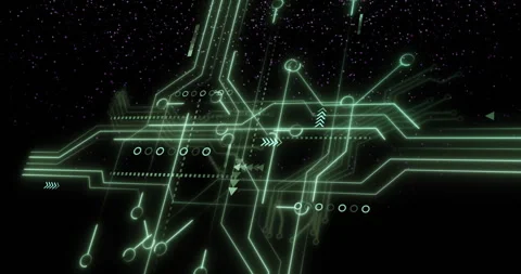 Faint neon green circuit pattern appearing on starfield forming pathways Stock Footage 313704127