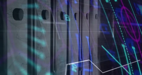 Faint neon overlays emerging on server racks, sweeping beam and traveling wave Stock Footage 320206051