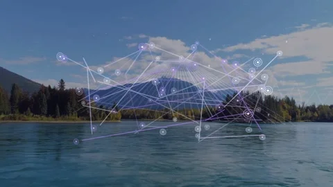Faint network emerging over mountain and lake, nodes connecting and pulsing, Stock Footage 333705018