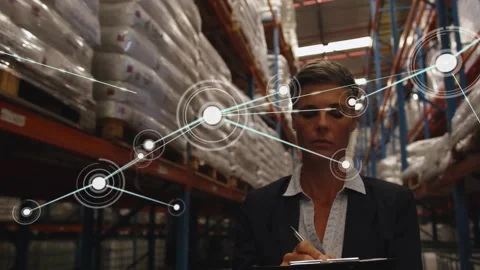 Faint node appearing and starting HUD overlay woman taking notes and checking Video stock 332296456
