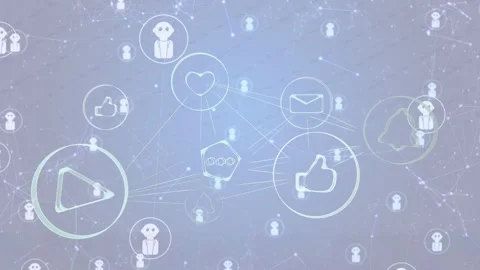 Faint node field fading in causing central icons linking, pulsing, scaling, Video stock 334788714