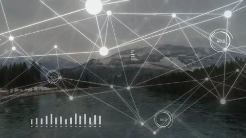 Faint nodes appearing, network mesh growing across lake, HUD gauges pulsing and Stock Footage 333925410