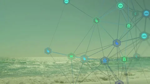 Faint nodes rising sparking hex network expanding across sea, icons pulsing to Stock Footage 334352078