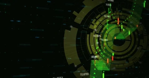 Faint numeric codes sparking rotating yellow HUD as green wave and bars rising, Video stock 317183840