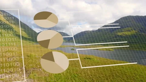 Faint numerics appearing, starting HUD panels animating over grassy valley for Video stock 334694191