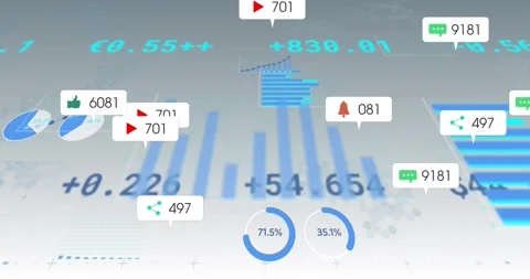 Faint outlines spawning bar chart rising with data, icons floating rings Video stock 317459582