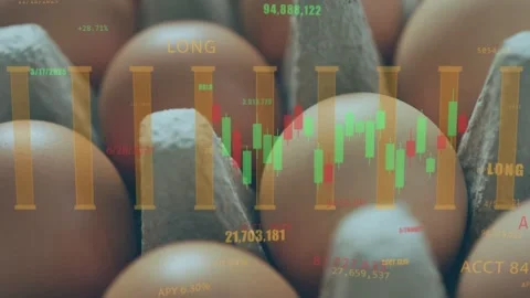 Faint overlay growing, animating price chart over brown eggs and carton ridges, Stock Footage 333414137