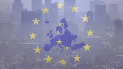 Faint overlay starting Europe map filling, 12 yellow stars forming ring Stock Footage 328685942