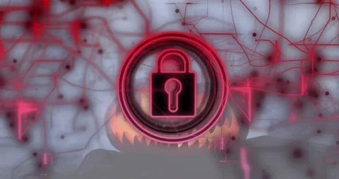 Faint padlock appearing over lit jack-o-lantern, pulsing red circuitry Video stock 317772176