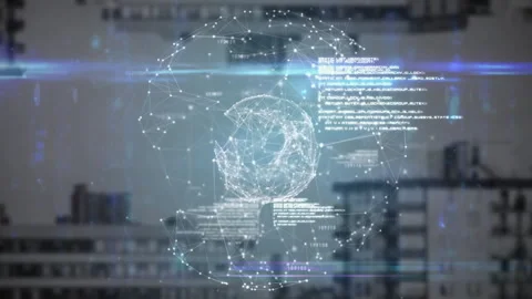 Faint points emerging into 3D globe, visualizing network nodes and code for tech Stock Footage 312771400