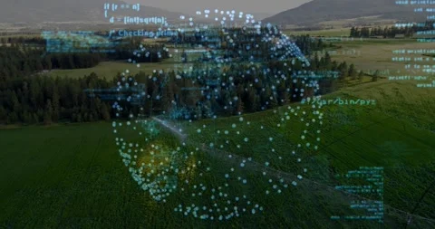 Faint points sparking 3D globe forming rotating visualizing while cyan code Stock Footage 328344564