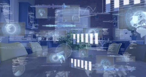 On faint pulse, plant and table showing blue HUD overlays advancing to form data Stock Footage 333833580
