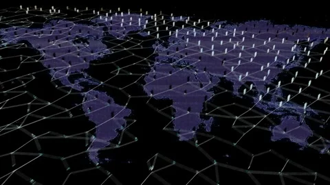 Faint purple lines rising, map meshing, icons and pins rising, camera tilting, Stock Footage 340654539