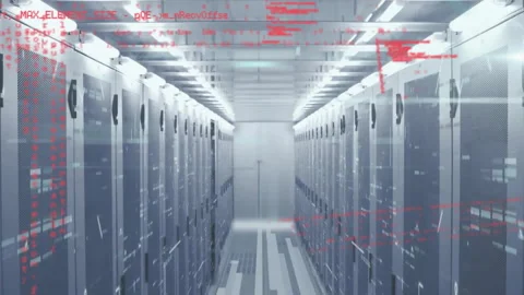 Faint red code appearing near right rack and spreading across aisle, showing Stock Footage 313242571