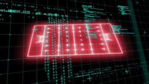 Faint red glow starting on turquoise grid, rectangle morphing, code streaming Stock Footage 329367181