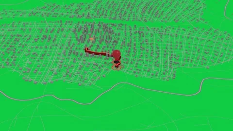 Faint red mark forming pin, route zigzagging across transparent wireframe city Stock Footage 339197828