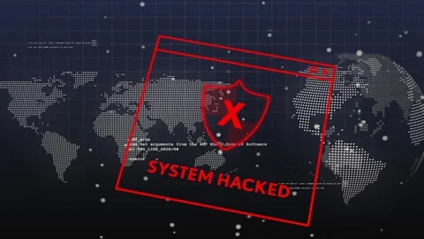 Faint red smear appearing, red overlay rotating, showing shield X 'SYSTEM Stock Footage 335739434