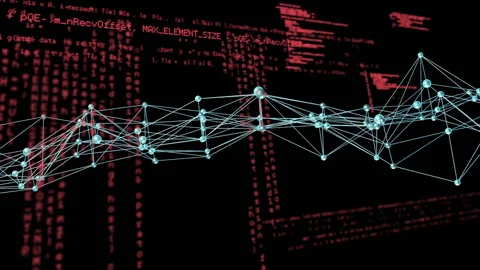 Faint red text appearing triggers turquoise spheres linked by lines pulsing 動画素材 315788317