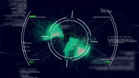 Faint ring emerging network expanding as rings rotating scrolling code panels Vidéo 329293039