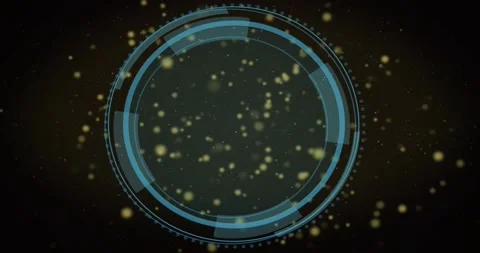 Faint ring rising cyan HUD forming rings rotating arcs gold sparks drifting Stock Footage 321161575
