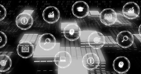 Faint rings appearing UI icons fading pulsing camera panning tilting binary Stock Footage 329533672