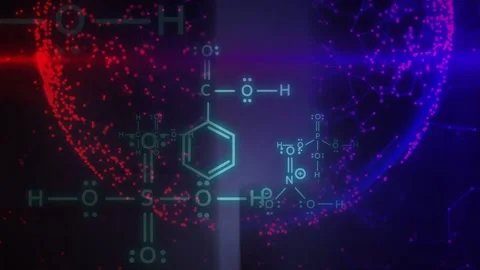 Faint schematic fading in, cyan molecule growing and pulsing as points orbiting Stock-Footage 334768518