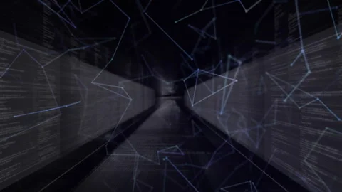 Faint scrolling code activating thin mesh lines enveloping corridor visualizing Stock Footage 311455213