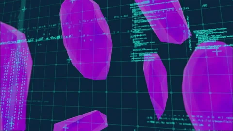 Faint scrolling code emerging driving crystals drifting inward and rotating Stock Footage 310317553