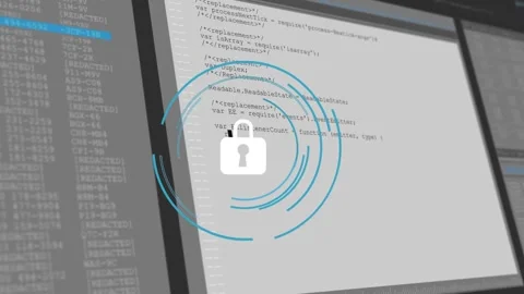 Faint streaks spinning padlock fading rings spinning around file or code panels Stock Footage 317128761
