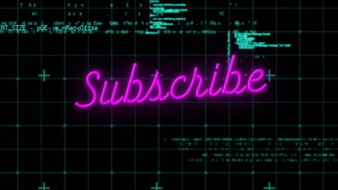 Faint subscribe outline appearing on code grid, flashing neon pink sign fading Vidéo 313677999