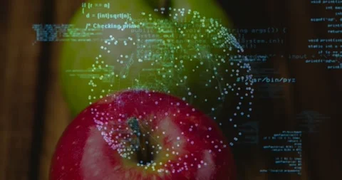 Faint teal code appearing, digital overlay forming point-cloud, scanning apples Stock Footage 323272496