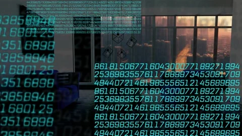 Faint teal code appearing growing sliding stacking panels over sofas and window Stock Footage 334322064