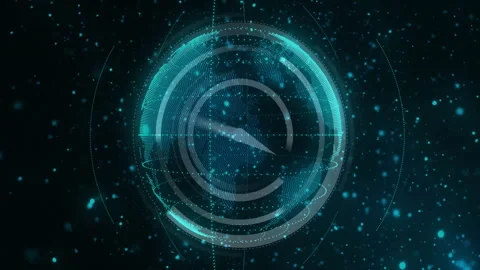 Faint teal particles initiating clock formation, rings rotating, globe emerging Stock Footage 311585290