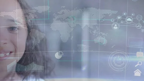 Faint tech overlay activating, girl smiling while gazing right, world map and Stock Footage 333632274