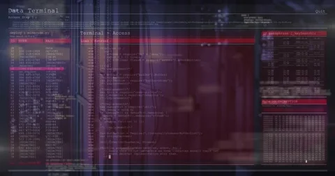 Faint terminal overlay appearing over city window, filling code, running decrypt Stock Footage 320725869
