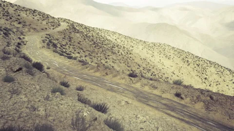 Faint tracks wind through aged landscape beneath distant hazy mountains Stock Footage 339800436