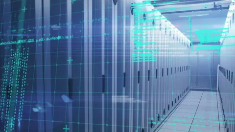 Faint turquoise grid materializing triggers code fragments scrolling racks Stock Footage 313295106