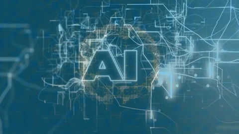 Faint vector lines sketching converging center forming AI letters with golden Video stock 328097377