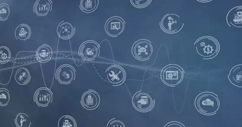 Faint waveform emerging from left weaving through tech icons, drifting icons Stock Footage 317264847