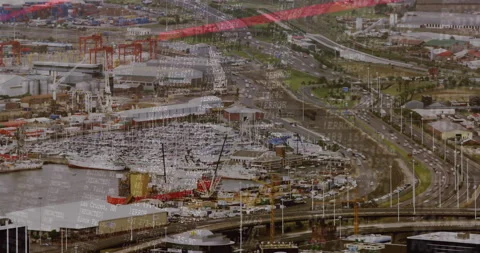 Faint white code streams appearing over aerial port then red line graph pulsing Vidéo 310405216