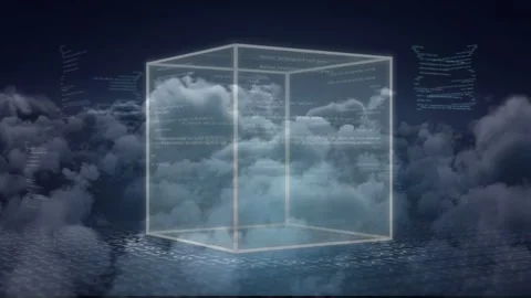 Faint wire cube fading over cloud scaling, rotating with code rising and grid Stock Footage 335235704