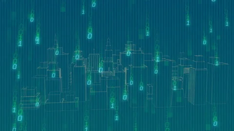 Faint wireframe city emerging then receiving streaming binary digits while Stock Footage 310669799