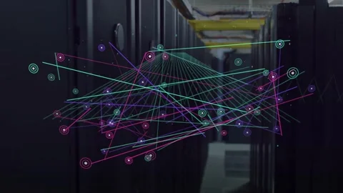 Faint wireframe forming over data center aisle, 3D network overlay expanding, Stock Footage 331701540