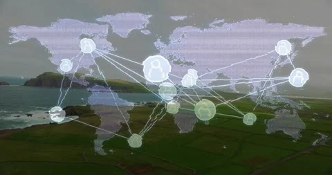 Faint world map appearing above coastline, network growing, nodes pulsing, Stock Footage 334312213