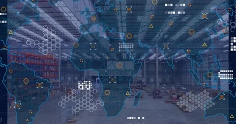Faint world map appearing, HUD layers animating over warehouse, connecting nodes Stock Footage 328418003