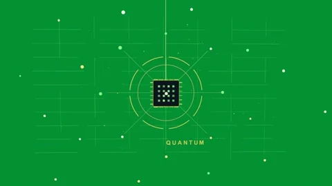 Faint yellow grid emerging, chip appearing, particles drifting, showing QUANTUM Stock Footage 329531681