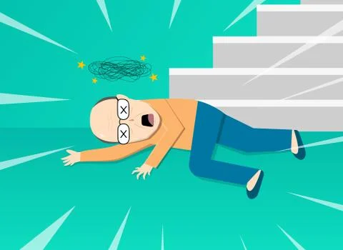 Fainted old man after falling from staircase, art Stock Illustration