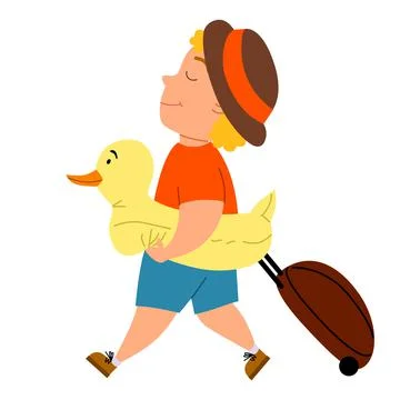 A fair-haired cute boy comes with a suitcase and a duck swimming circle. Stock Illustration