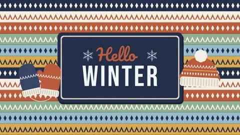 Fair isle sweater rows knitting across the screen behind a Hello Winter sign 库存影片 348702828